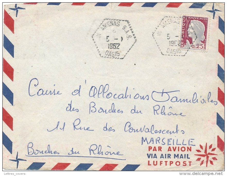 Algérie Cachet Agence Postale "" IN AMENAS S.A.S. OASIS 5/1/62 "" Sur Lettre Obl Marianne Decaris - Guerra D'Algeria