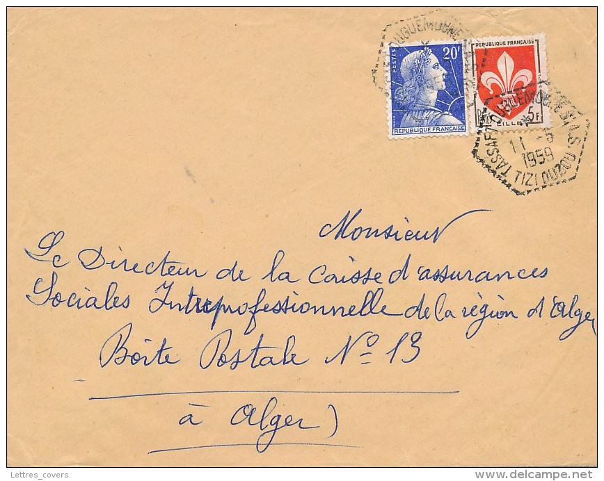 Muller  20f + Blason Lille Obl Agence Postale RARE  "" TASSAFT OUGUEMOUNE S.A.S. 11/5/59 "" Sur Lettre Pour Alger - TB - Guerre D'Algérie