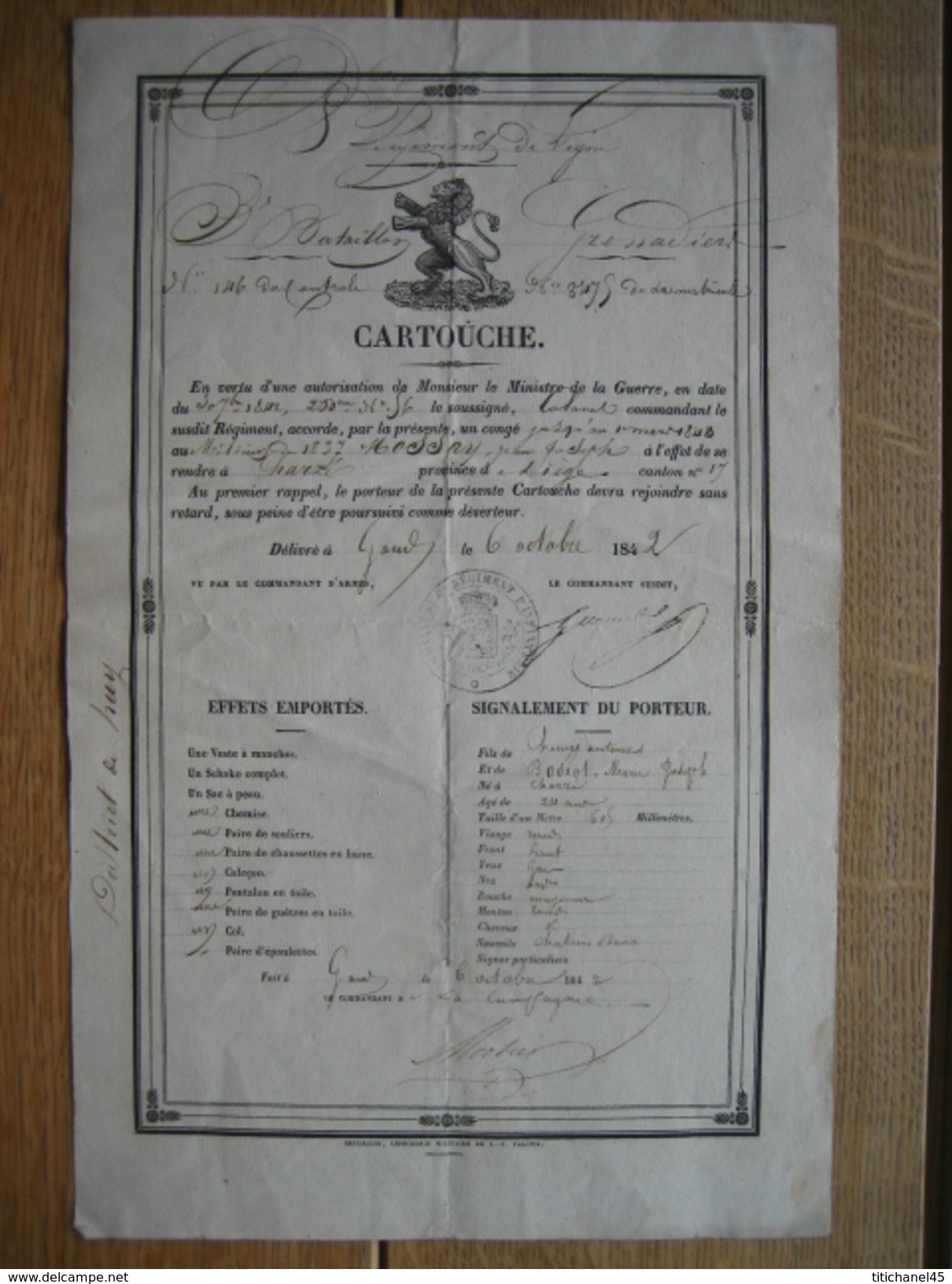 CARTOUCHE  Délivrée En 1842 à GAND à MOSSAY Jean Du 8e Régiment De Ligne 3e Bataillon Grenadiers Pour Se Rendre à HARZE - Documents