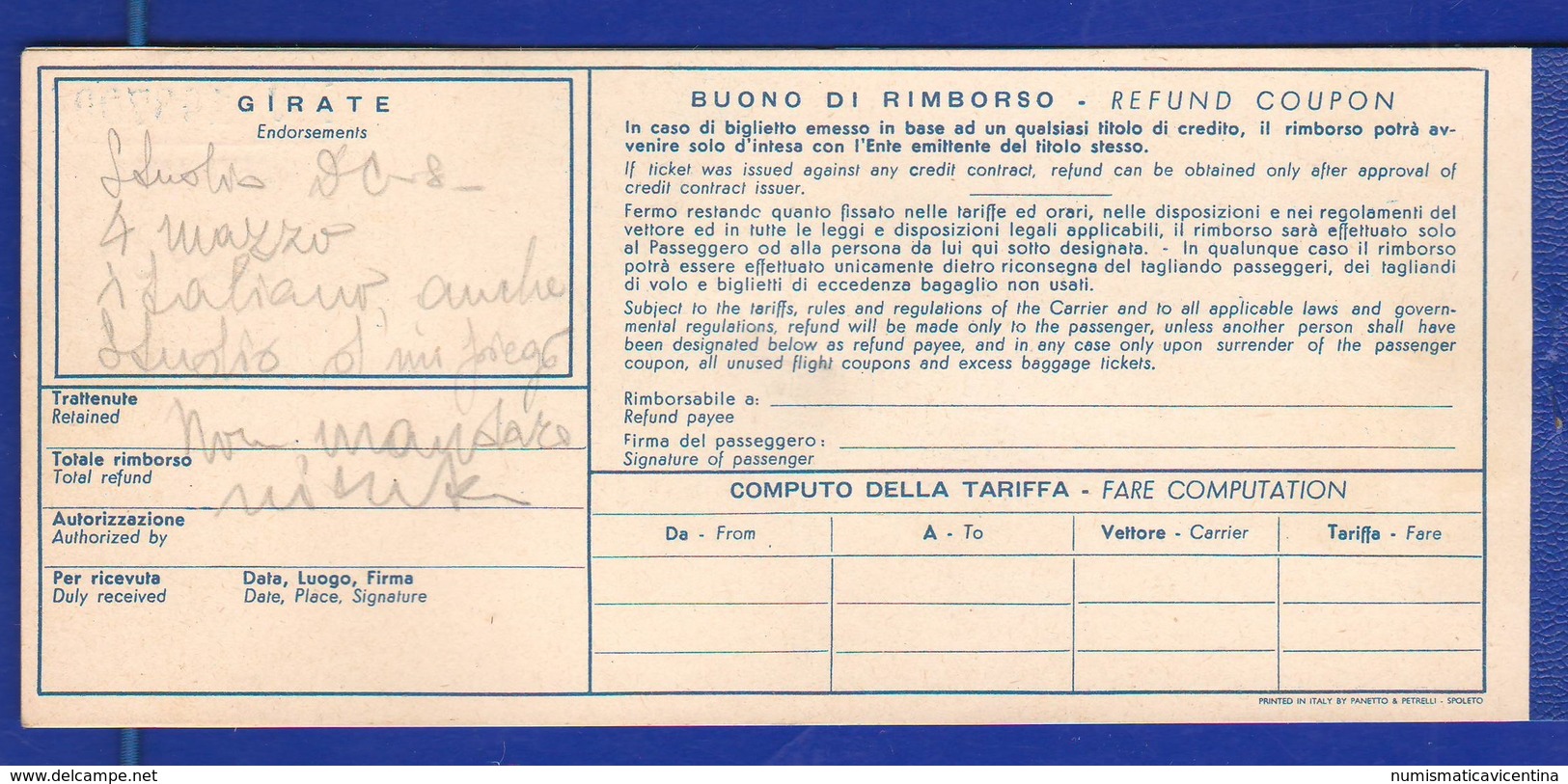 Airline ALITALIA Ticket Biglietto 1° Classe 1959 Roma > Francoforte - Altri & Non Classificati