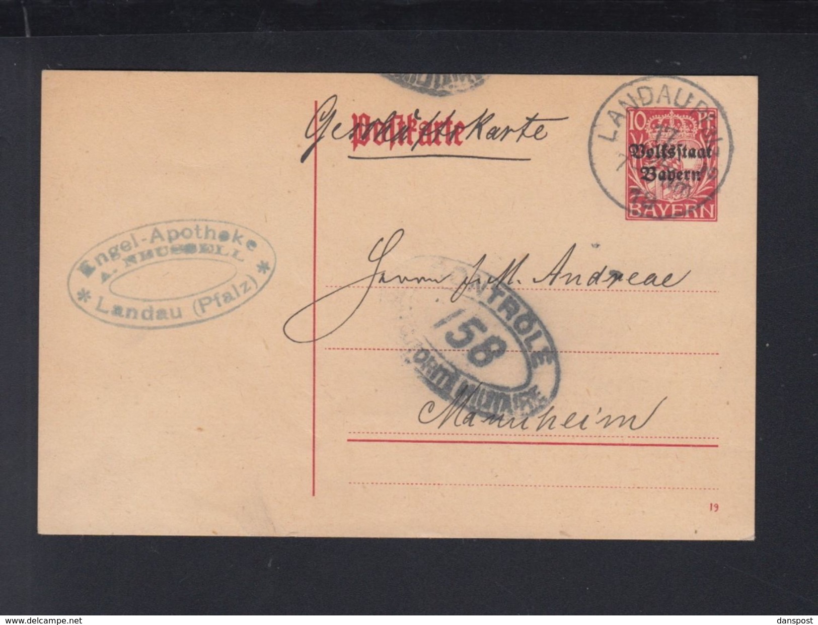 Bayern GSK 1919 Landau Nach Mannheim Rheinland Besetzung Französische Zensur - Storia Postale