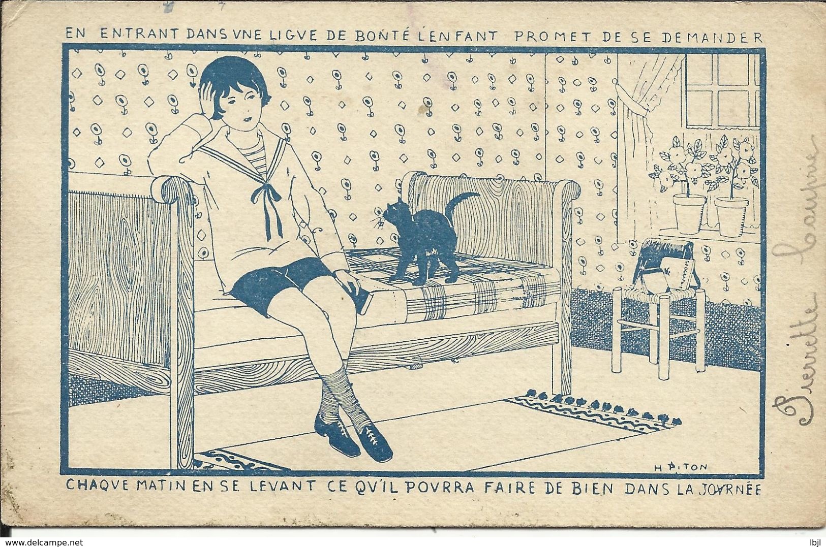 Chat Sur Un Lit , Carte De La Ligue De Bonté , Dessin Signé: H. Piton - Chats