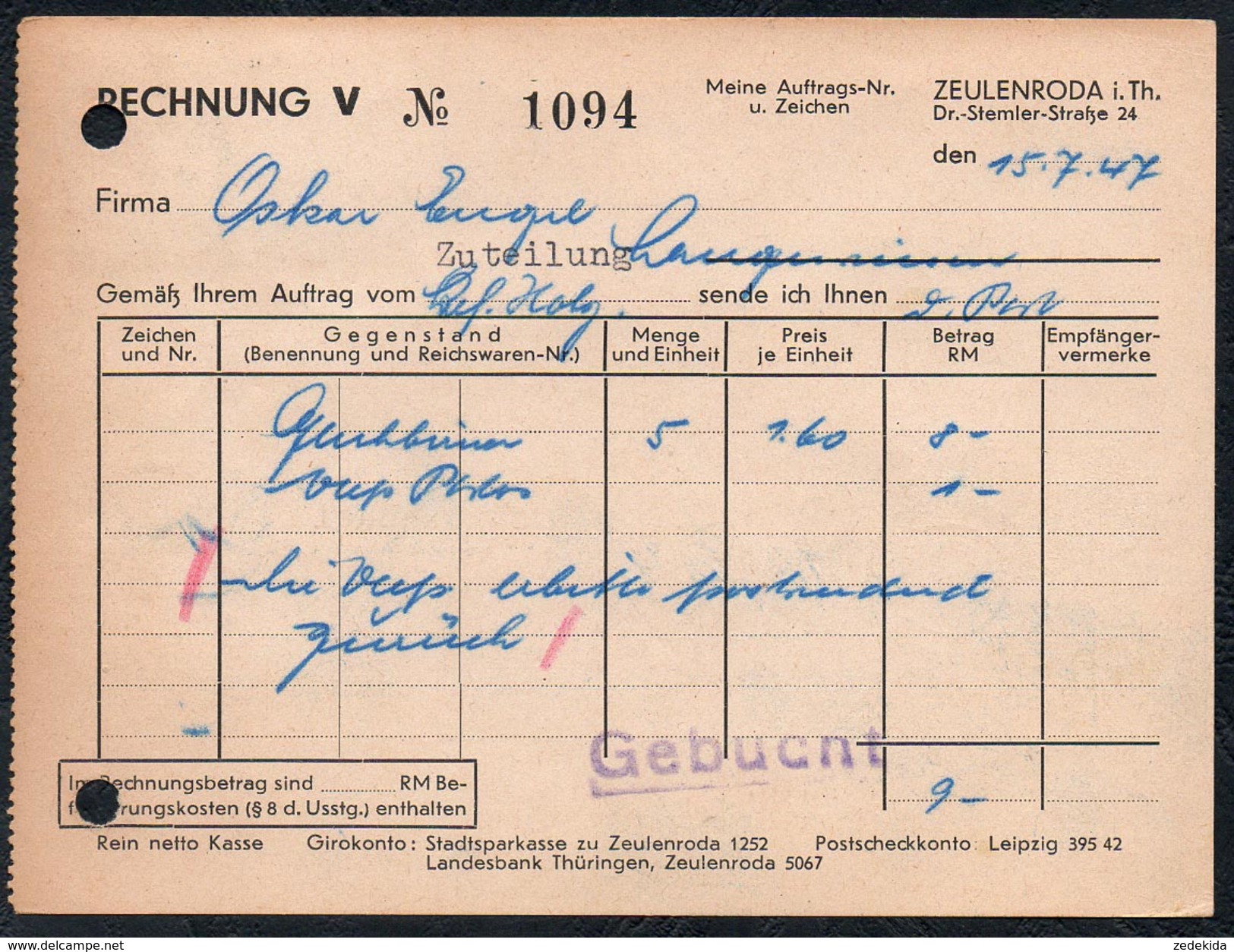 A6228 - Alte Postkarte - Bedarfspost - Zeulenroda - Friedhold Ebert Tischlerei Nach Langewiesen 1947 SBZ - Zeulenroda