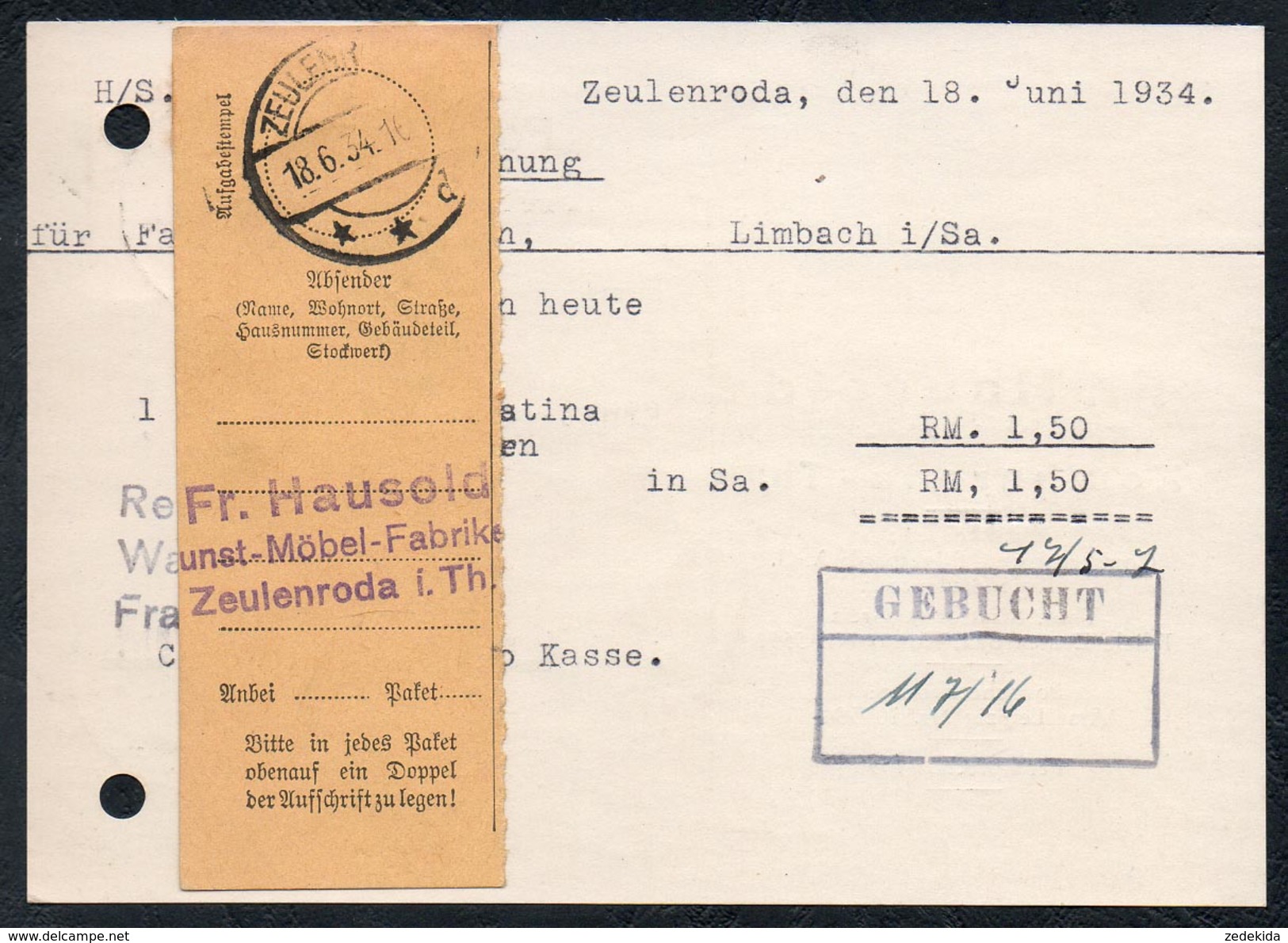 A6230 - Alte Postkarte - Bedarfspost - Zeulenroda - Fr. Hausold Kunst Möbel Fabrik Beleg 1934 - Zeulenroda