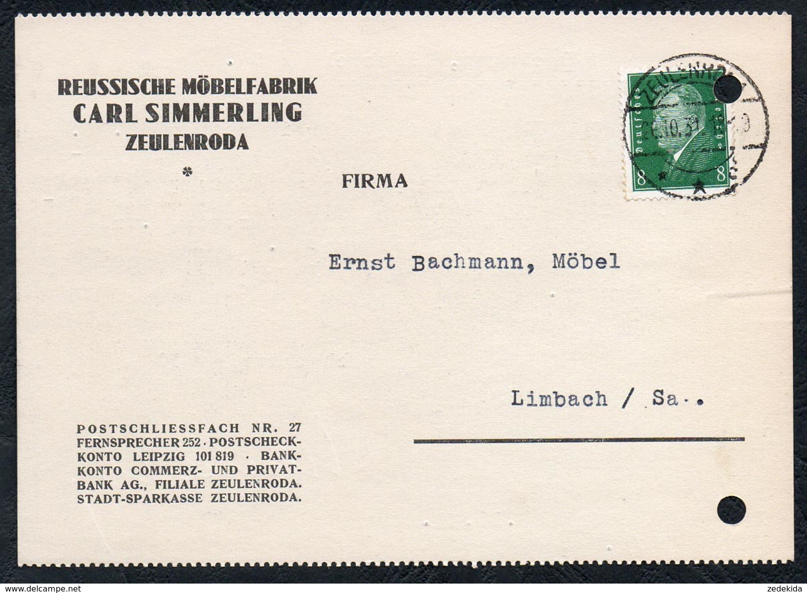 A6231 - Alte Postkarte - Bedarfspost - Zeulenroda - Carl Simmerling Reussische Möbelfabrik Nach Limbach 1931 - Zeulenroda