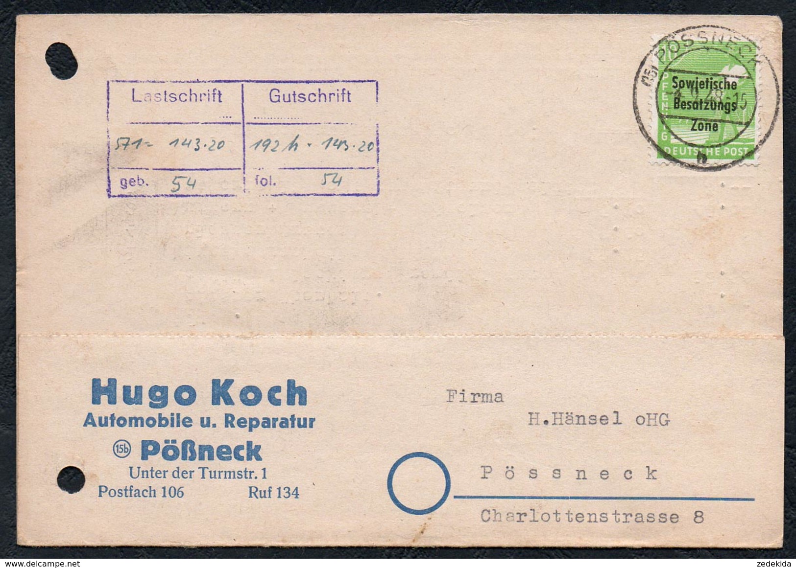 A6238 - Alte Postkarte - Bedarfspost - Pössneck - Pößneck - Hugo Koch Automobile SBZ 1948 Rechnung - Poessneck