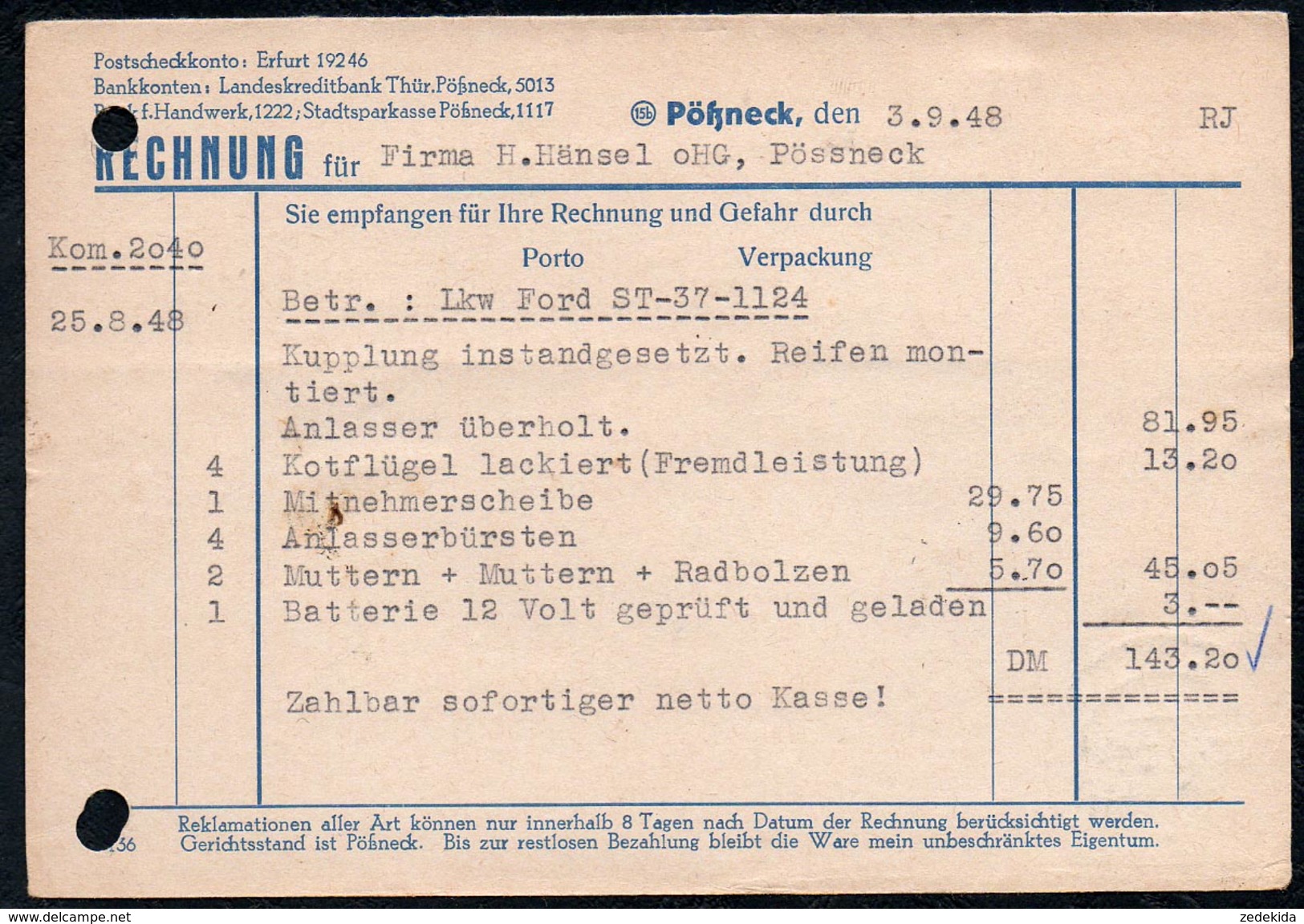 A6238 - Alte Postkarte - Bedarfspost - Pössneck - Pößneck - Hugo Koch Automobile SBZ 1948 Rechnung - Pössneck
