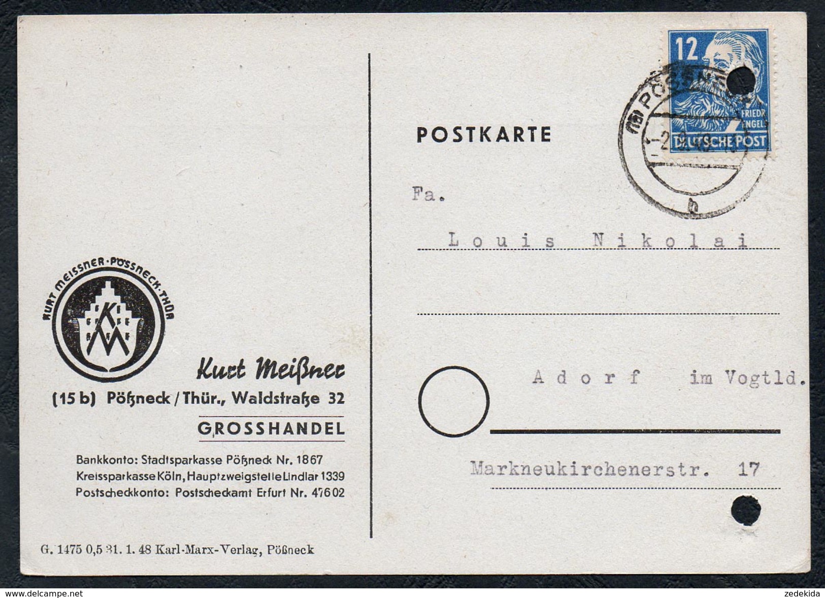 A6239 - Alte Postkarte - Bedarfspost - Pössneck - Pößneck - Kurt Meißner Grosshandlung Nach Adorf 1949 - Pössneck