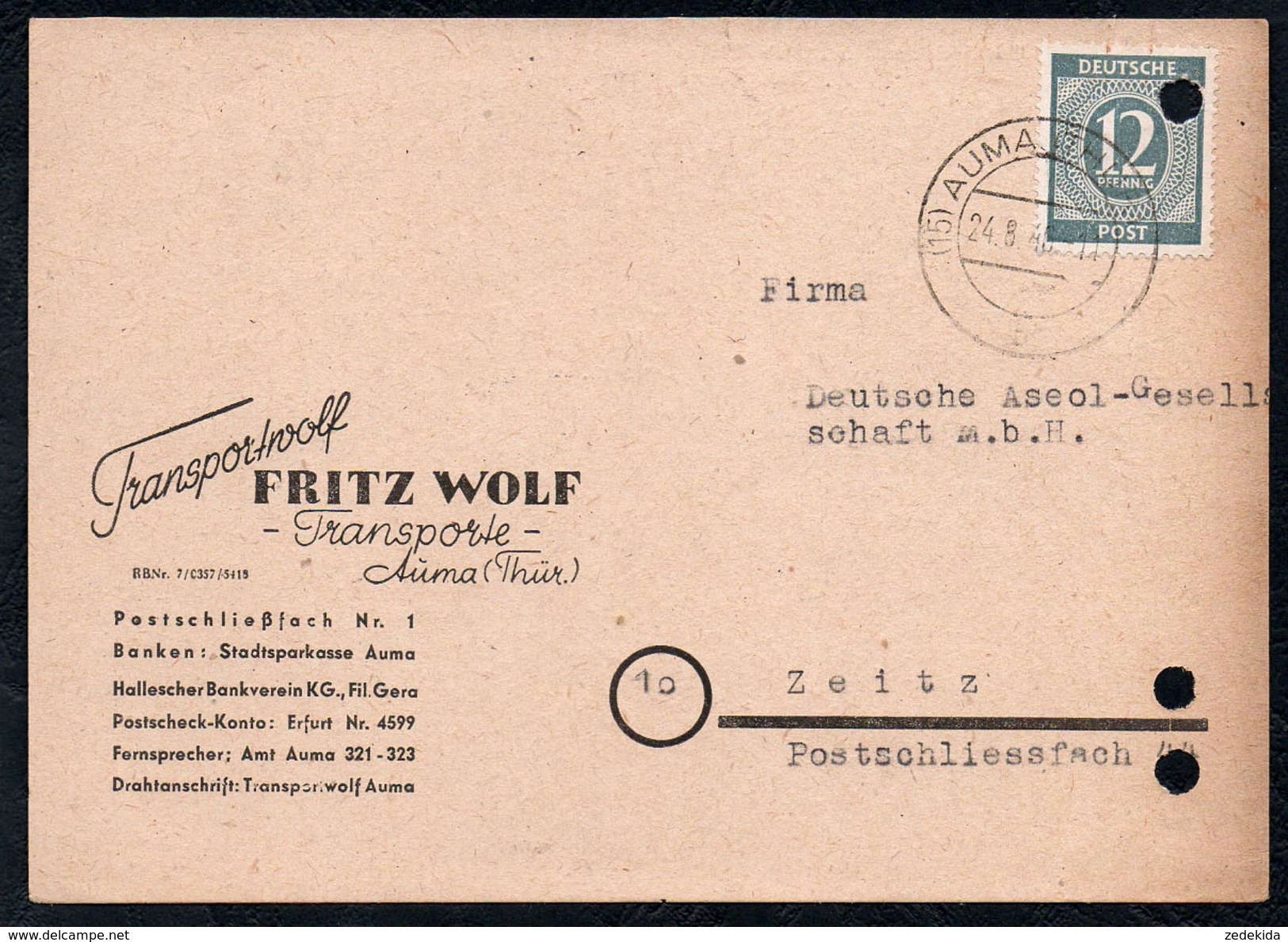 A6240 - Alte Postkarte - Bedarfspost - Auma - Fritz Wolf - Transportwolf - NachZeitz 1946 SBZ - Greiz