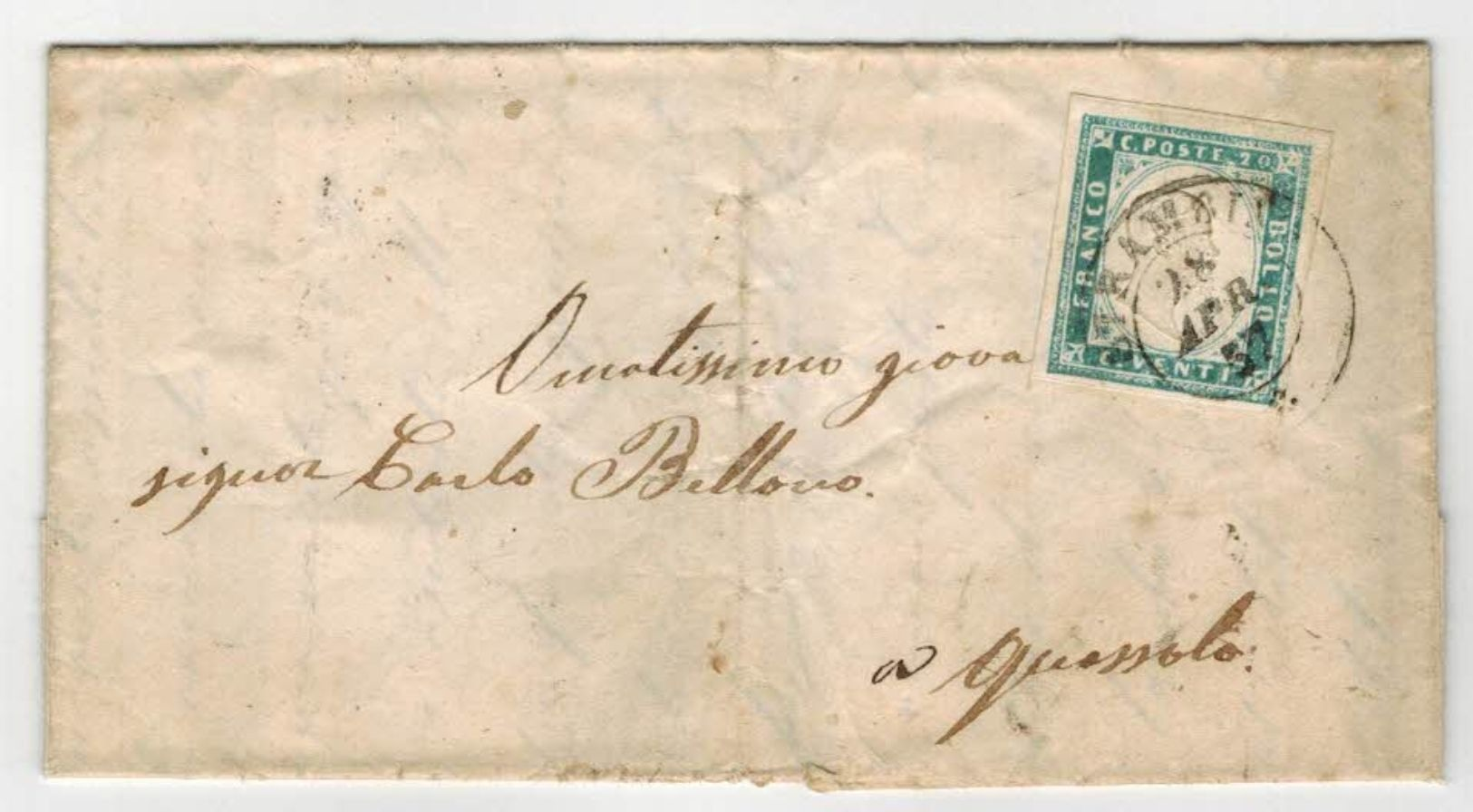 Lettera Da Strambino A Quassolo Ivrea 1857 Con 20 Centesimi Cobalto Sardegna IV Emissione - Sardegna