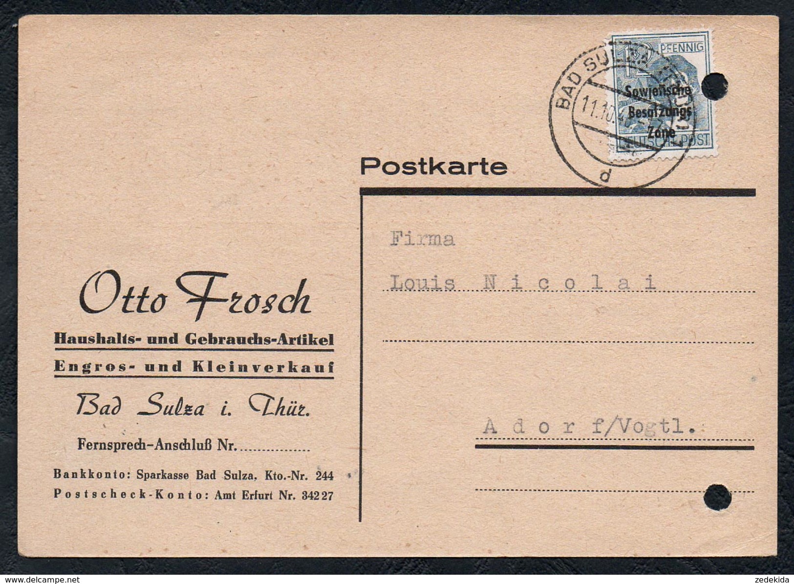 A6245 - Alte Postkarte - Bedarfspost - Bad Sulza - Otto Frosch Hasuhalt Und Gebrauchtwaren Nach Adorf 1948 SBZ - Bad Sulza