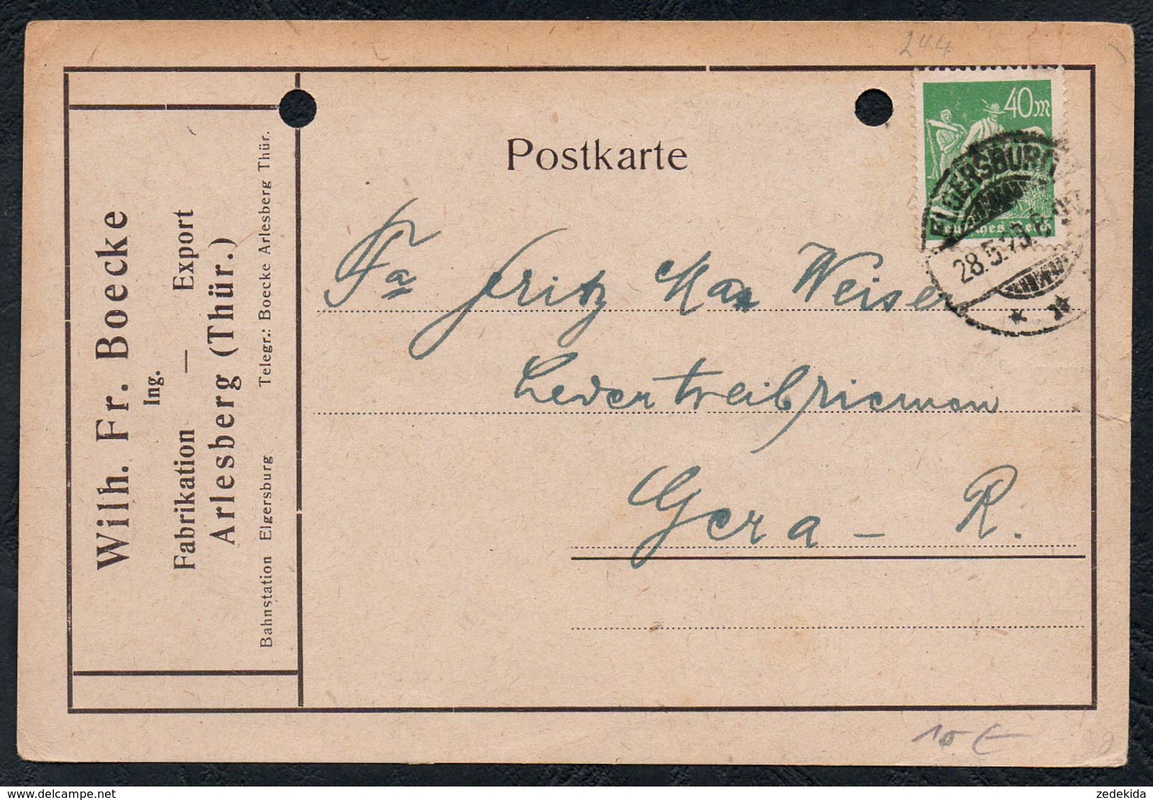 A6246 - Alte Postkarte - Bedarfspost - Arlesberg - Wilh. Fr. Boecke Nach Gera 1923 - Elgersburg