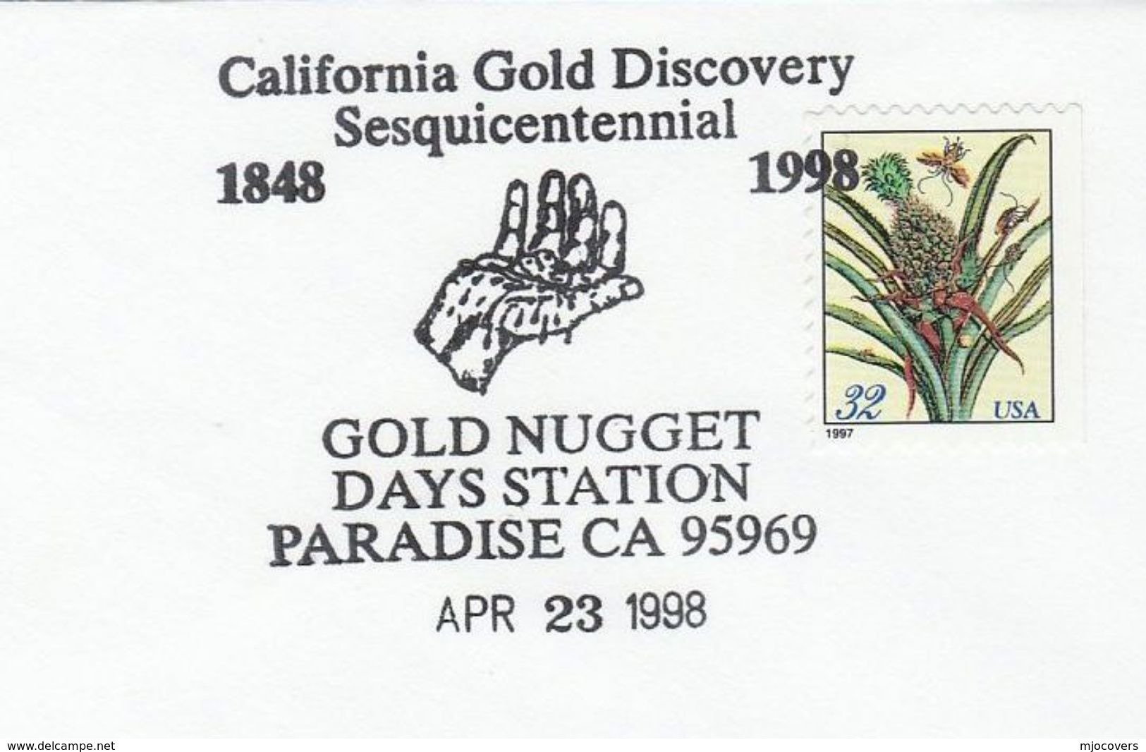 1998 Paradise GOLD DISCOVERY SESQUINCENTENNIAL GOLD NUGGET EVENT Cover Usa Stamps Minerals Mining - Minéraux