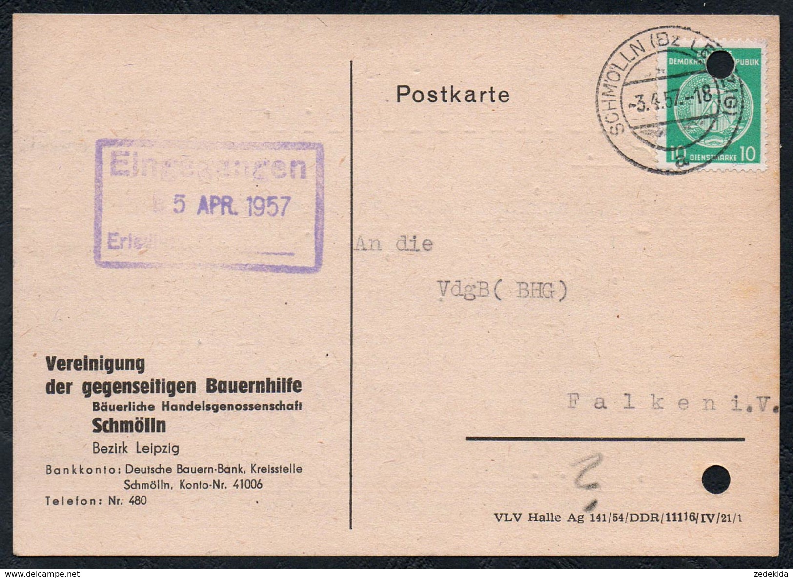 A6248 - Alte Postkarte - Bedarfspost - Schmölln Gegenseitige Bauernhilfe Nach Falken 1957 - Schmoelln