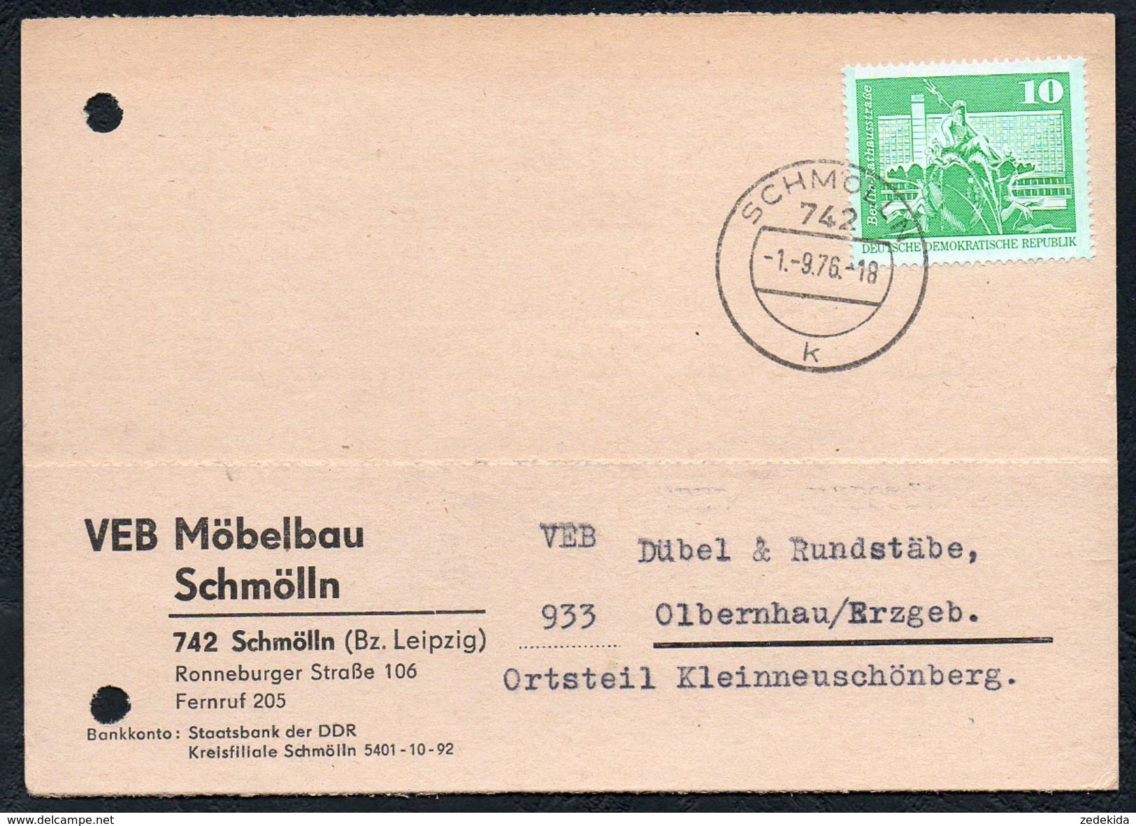 A6249 - Alte Postkarte - Bedarfspost - Schmölln - VEB Möbelbau Nach Olbernhau 1976 - Schmoelln