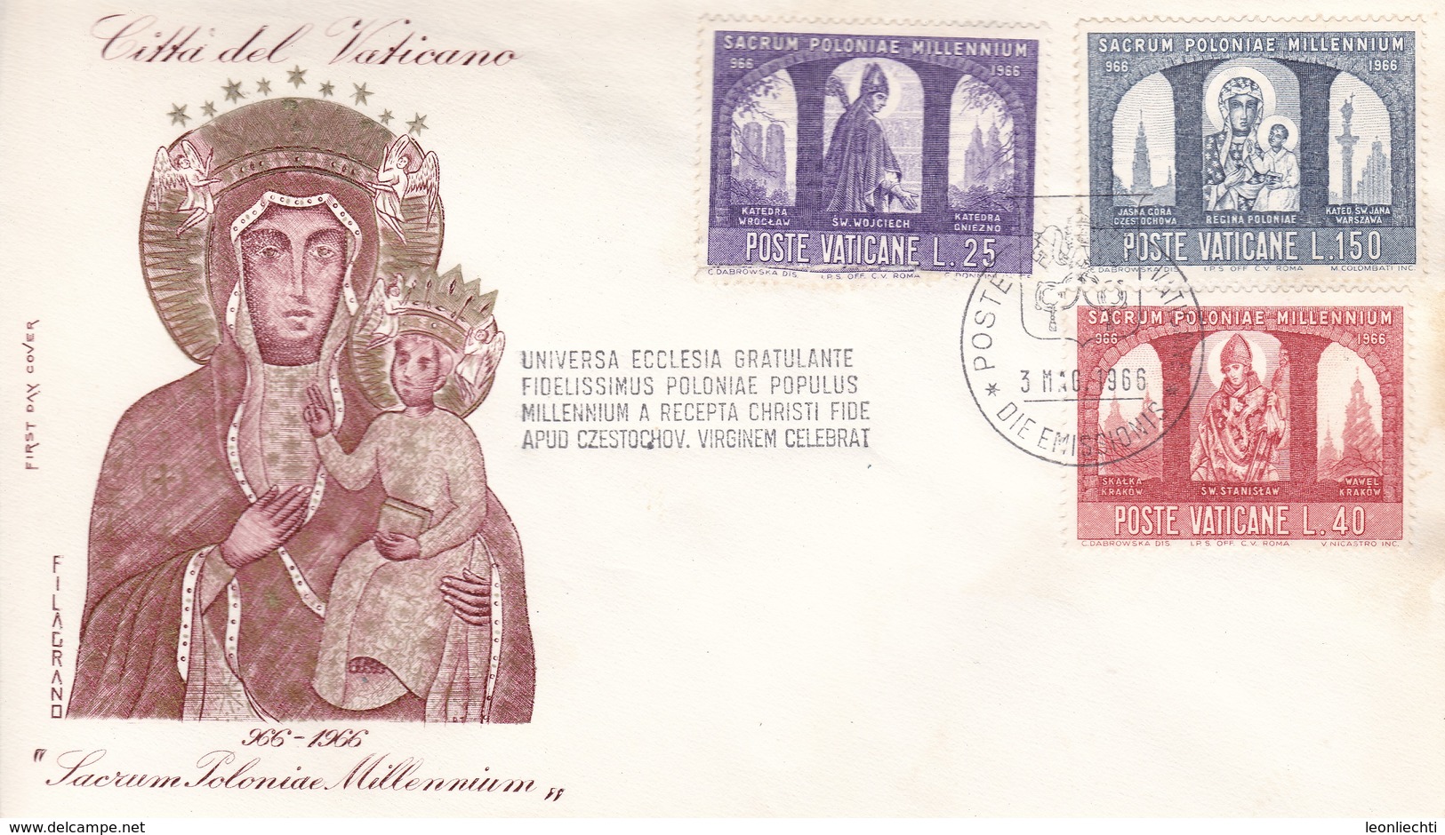 Vatikan FDC/ET 1966, Mi:503+504+506.1000 Jahre Christentum In Polen. Hl. Adalbert, Hl. Stanislav + Madonna V. Tschenst. - FDC