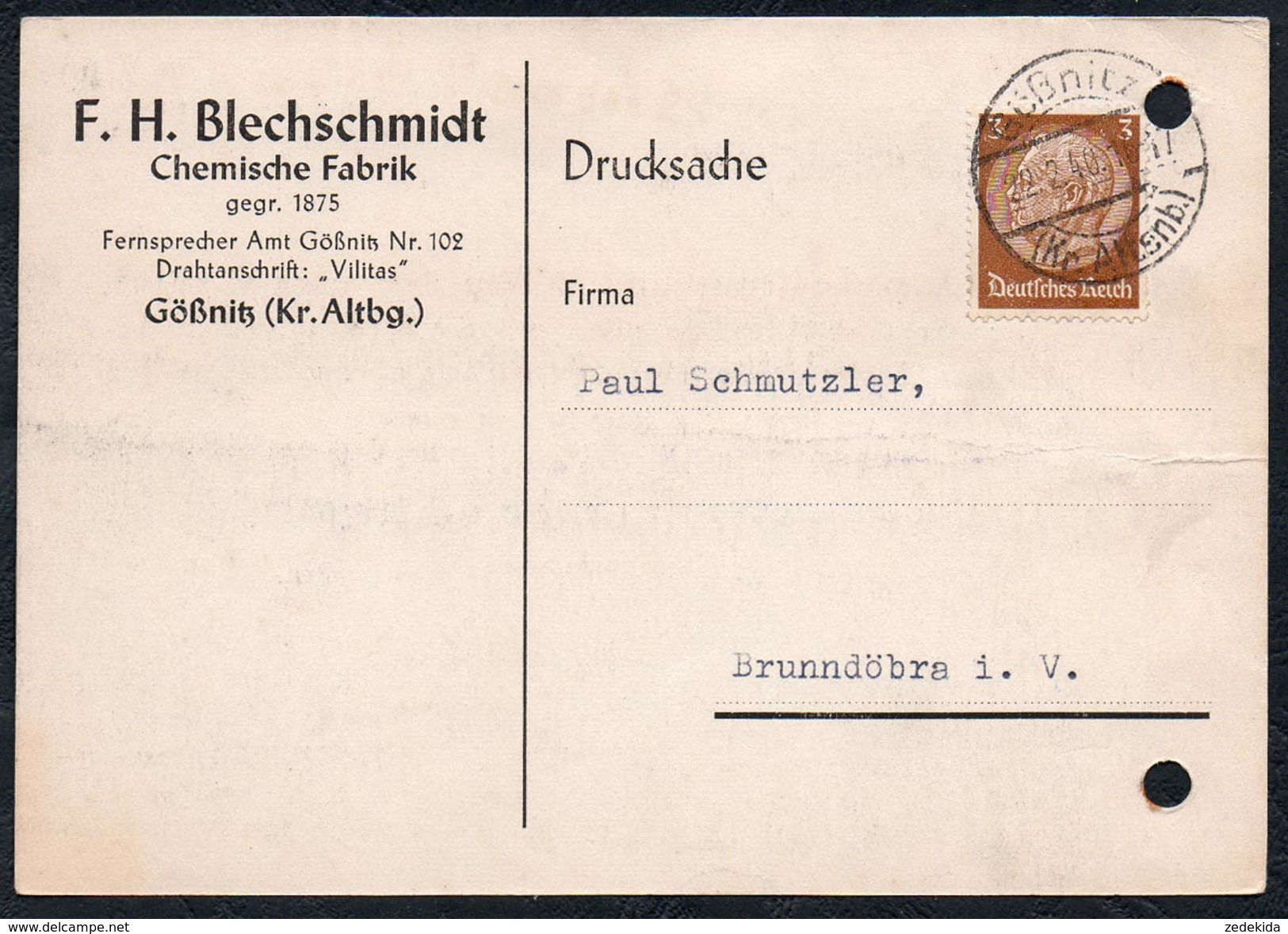 A6253 - Alte Postkarte - Bedarfspost - Gößnitz Kr. Altenburg - F.H. Blechschmidt Chemische Fabrik Nach Brunndöbra 1940 - Gössnitz