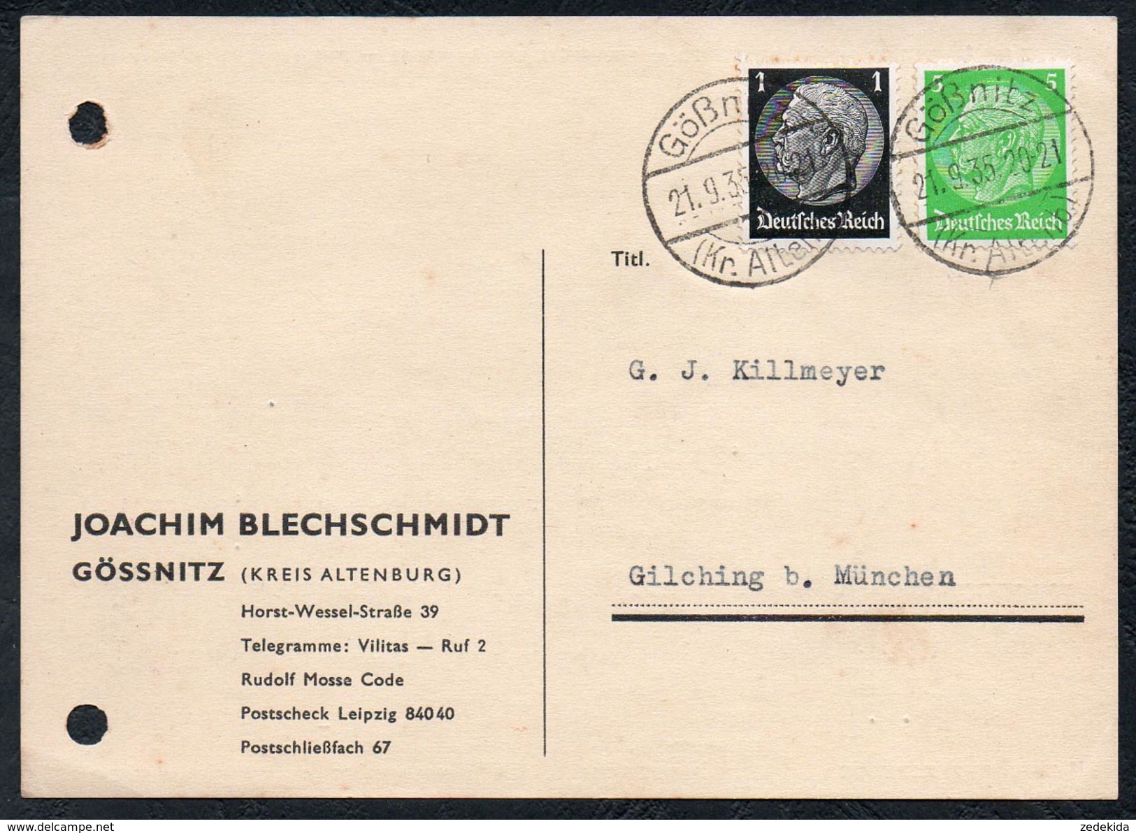 A6255 - Alte Postkarte - Bedarfspost - Gößnitz Kr. Altenburg - Joachim Bechschmidt Nach Gilching 1935 - Goessnitz