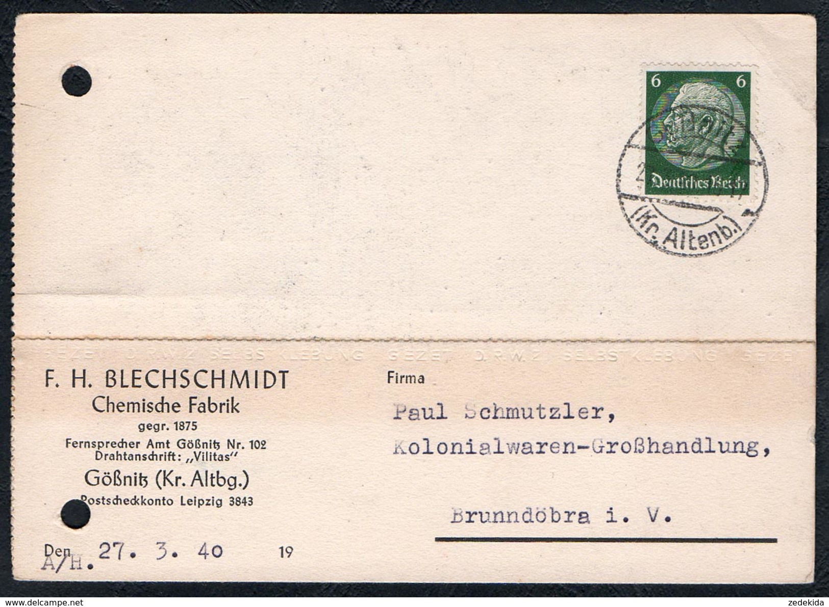 A6256 - Alte Postkarte - Bedarfspost - Gößnitz Kr. Altenburg - F.H. Blechschmidt - Chemische Fabrik Nach Brunndöbra 1940 - Gössnitz