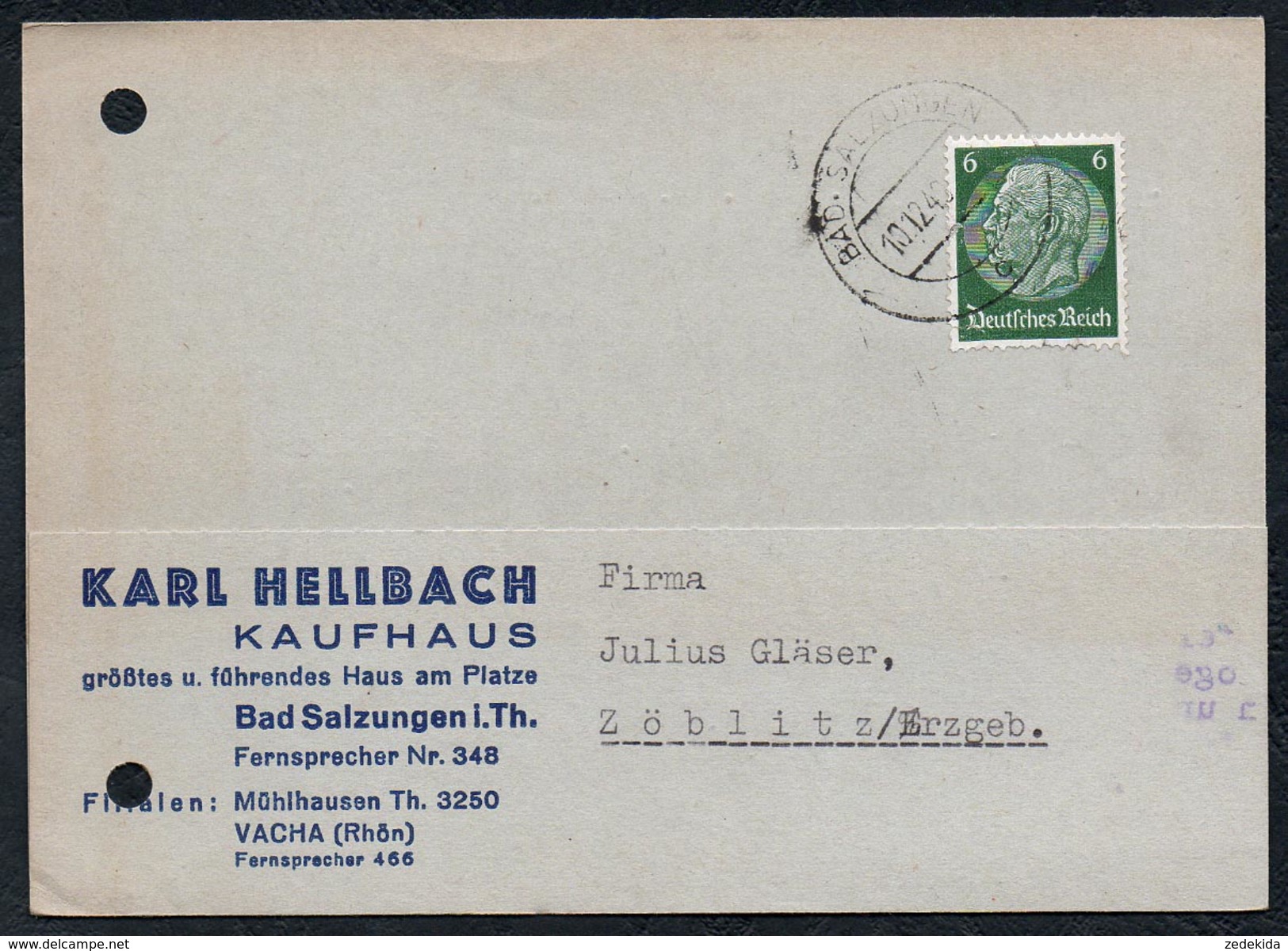 A6265 - Alte Postkarte - Bedarfspost - Bad Salzungen - Karl Hellbach Kaufhaus Nach Zöblitz 1940 - Bad Salzungen