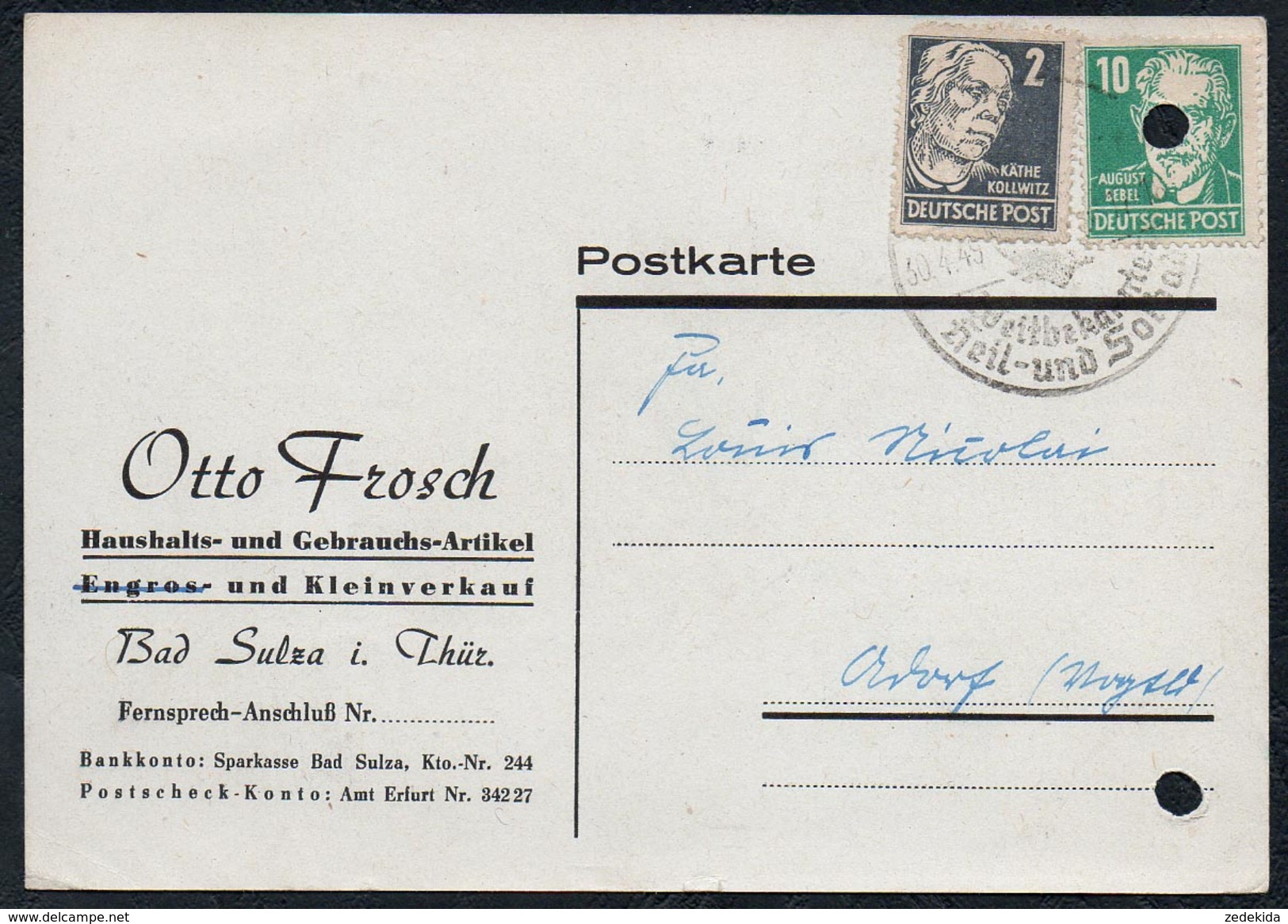 A6272 - Alte Postkarte - Bedarfspost - Bad Sulza - Otto Frosch - Hasuhalts Und Gebrauchsartikel Nach Adorf 1949 SBZ - Bad Sulza