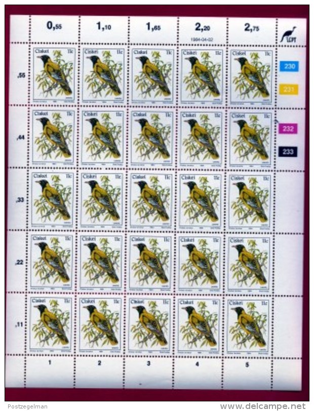 CISKEI, 1984, Mint Stamps In Full Sheets, MI 56, Bird 11 Cent, S914 - Ciskei