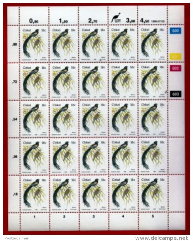 CISKEI, 1989, Mint Stamps In Full Sheets, MI 157, Bird 18 Cent, S927 - Ciskei