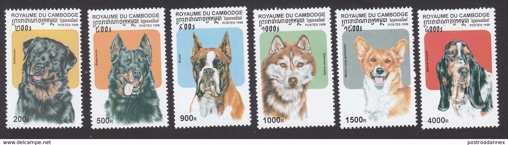 Cambodia, Scott #1734-1739, Mint Hinged, Dogs, Issued 1998 - Cambodge