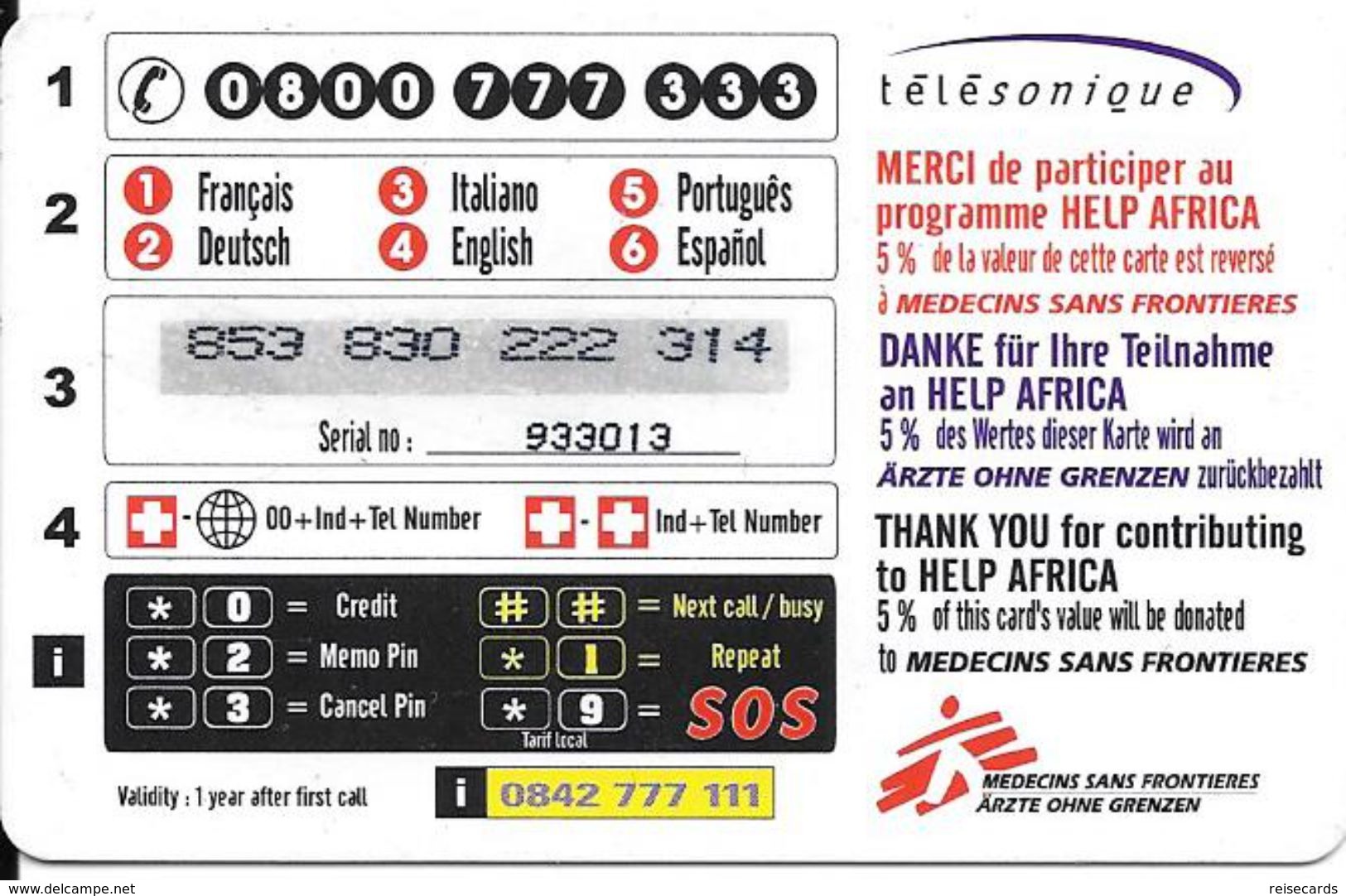 Prepaid: Télésonique - Help Africa, Statue Diakonoff. Serial Number Small - Schweiz