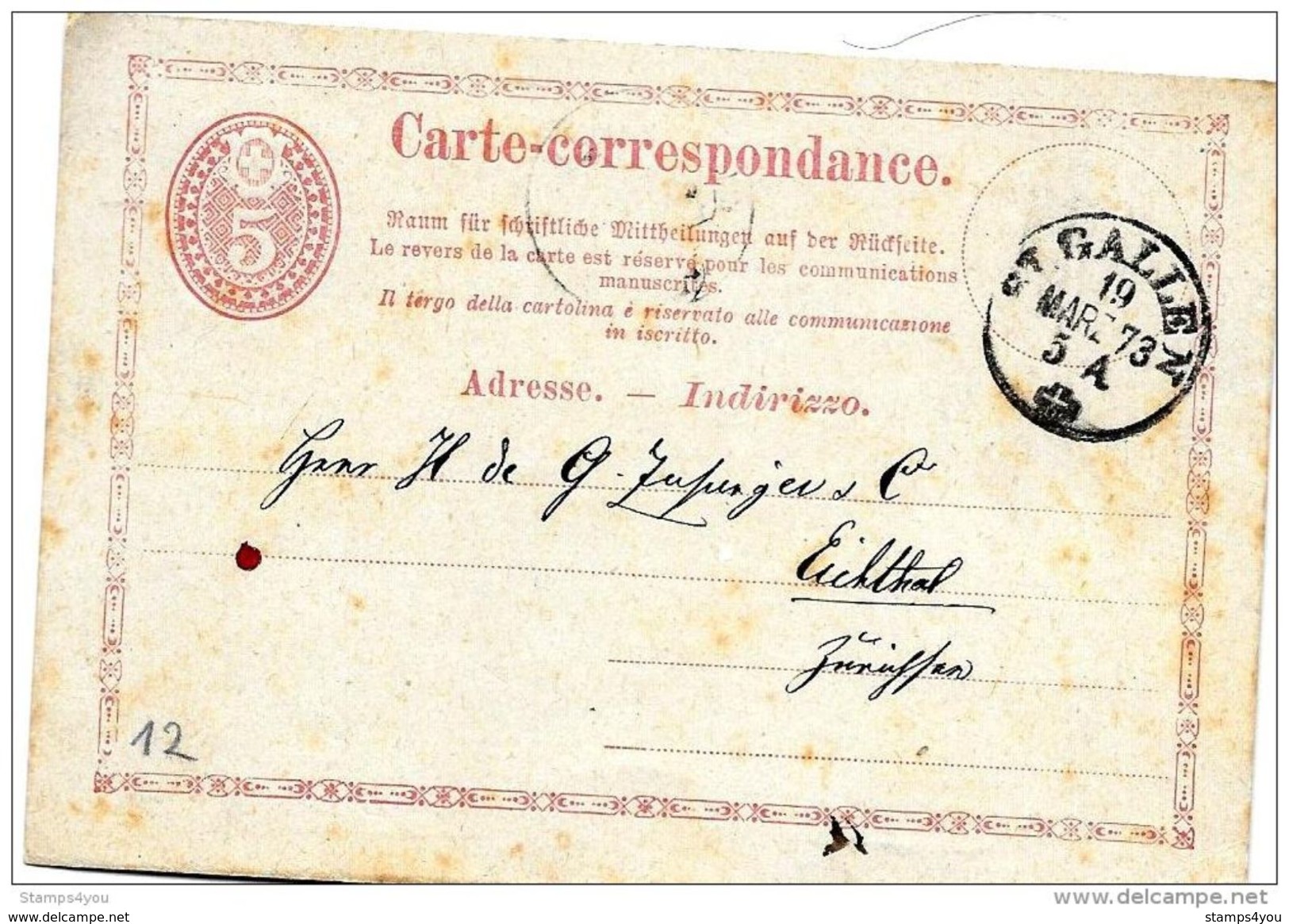 32-5 - Entier Postal Envoyé De St Gallen 1873 - Ganzsachen