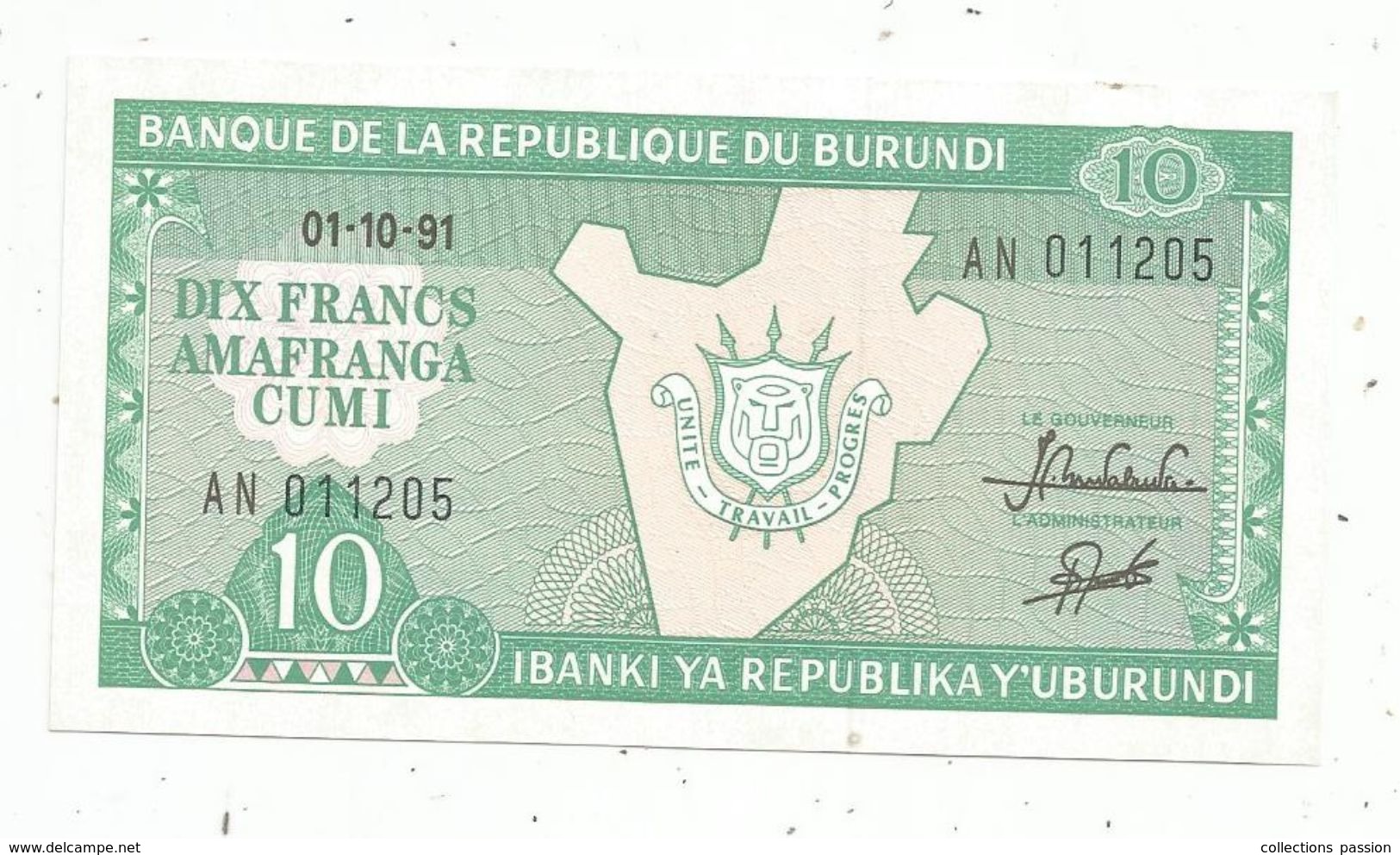 Billet , BURUNDI , 01.10.91 , 10 Francs , Amafranga Cumi , Banque De La République Du BURUNDI, 2 Scans - Burundi