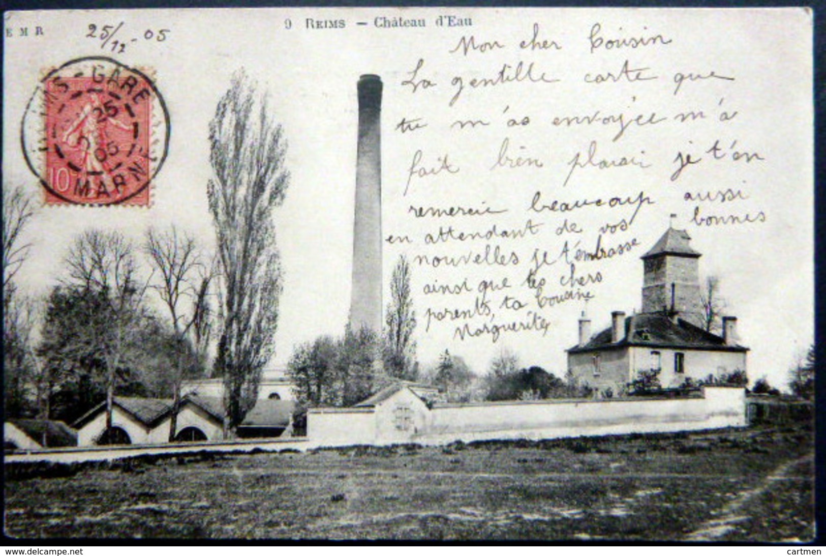 51 REIMS CHATEAU D'EAU ET CHEMINEE  USINE INDUSTRIE CARTE 1905 - Reims