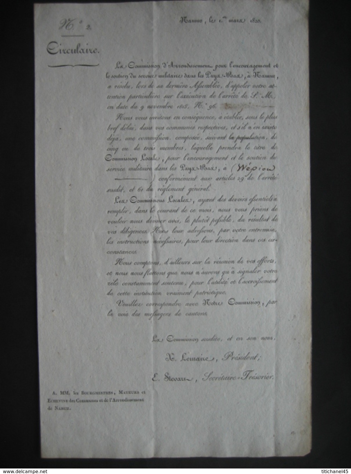 NAMUR 1820-Circulaire N°2 Concernant La Constitution D'une Commission Locale Pr Le Soutien Du S.M. Dans Les PAYS-BAS - Historische Documenten