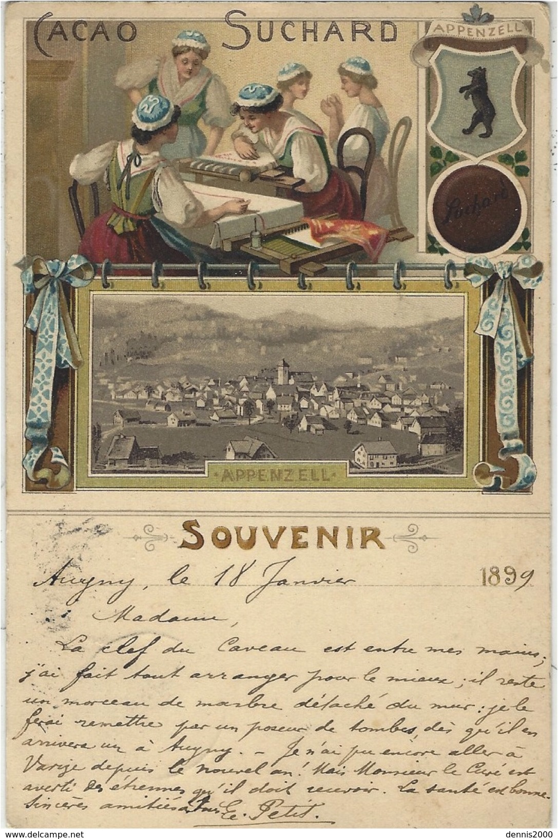 CARTE PUB Suisse - APPENZELL - CACAO SUCHARD - Souvenir - Oblit. 1899 - Appenzell
