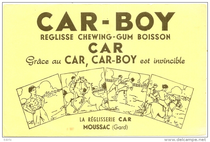 ---- BUVARD ---- - CAR-BOY - Réglisse Chewing-gum Boisson - MOUSSAC (Gard) TB Pli  -jaune Pluspale Que Scan - Koek & Snoep