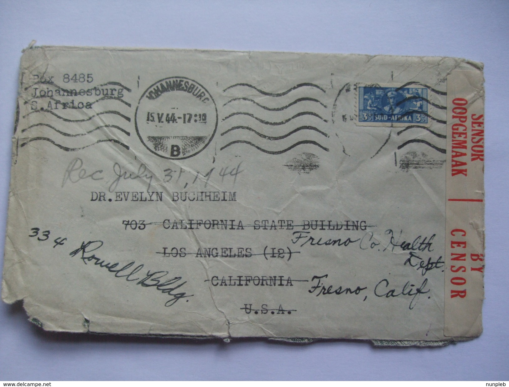 SOUTH AFRICA - 1944 Censor Cover Johannesburg To Los Angeles Re-directed To Fresno USA - Storia Postale