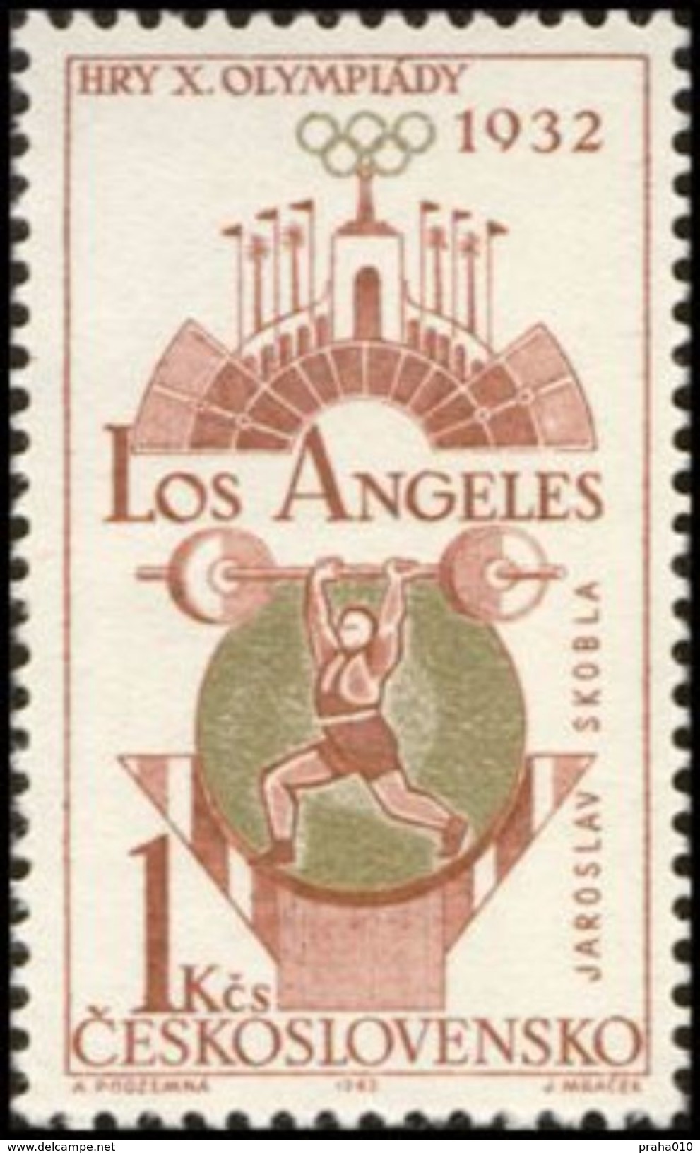 Czechoslovakia / Stamps (1965) 1431: Olympic Games 1932 Los Angeles, J. Skobla (weight-lifting); Painter: A. Podzemna - Summer 1932: Los Angeles
