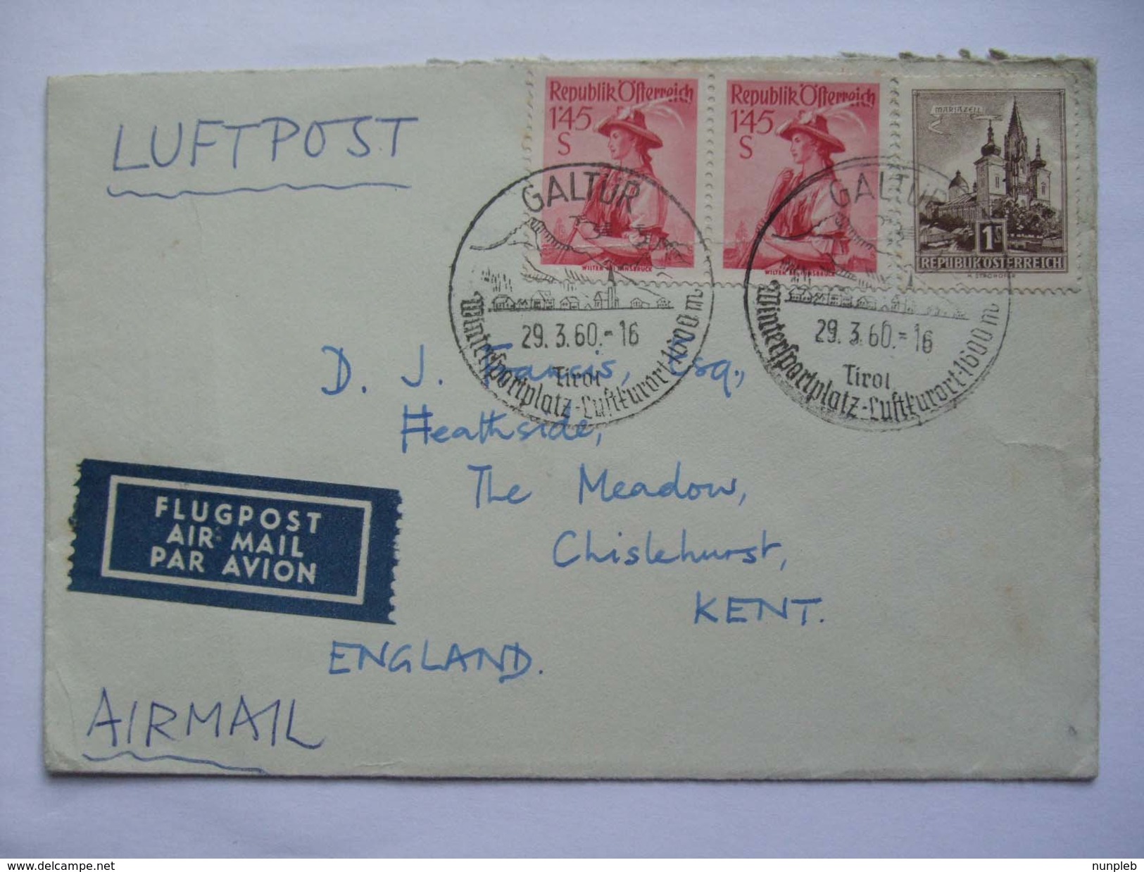 AUSTRIA 1960 Air Mail Cover With Galtur Handstamp Sent To England - Covers & Documents