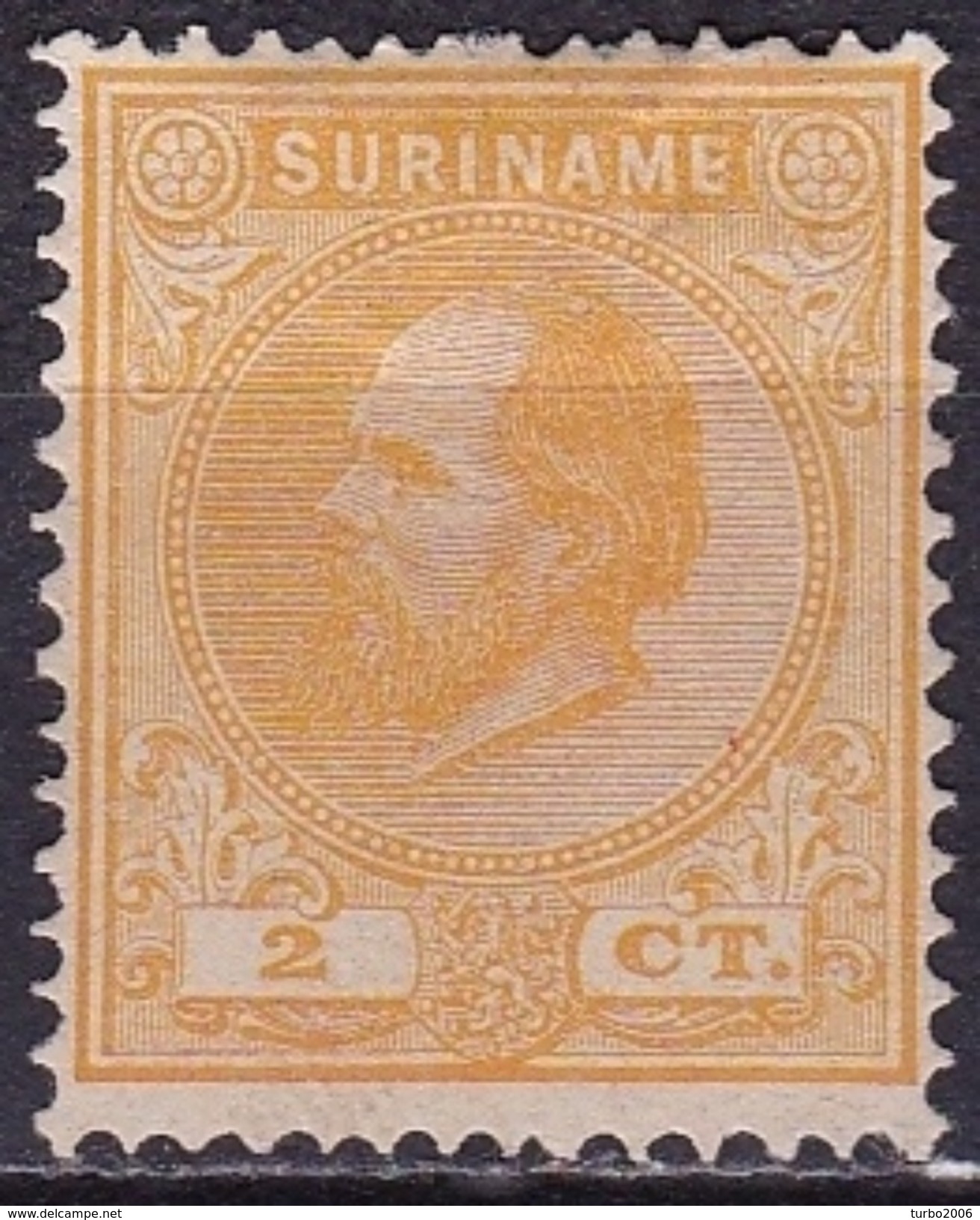 SURINAME 1873 Koning Willem III 2 Cent Geel Tanding 13½ X 13 ¼ NVPH 2 E (*) - Suriname ... - 1975