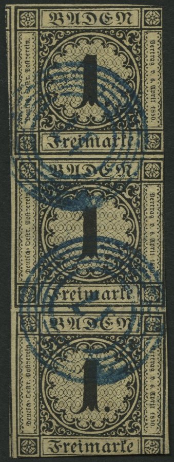 BADEN 1a O, 1851, 1 Kr. Schwarz Auf Sämisch Im Senkrechten Dekorativen Dreierstreifen, Blauer Nummernstempel 17 (BOXBERG - Other & Unclassified