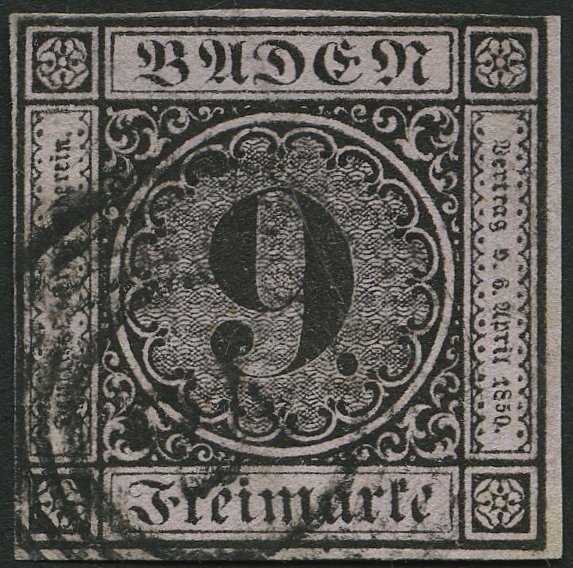 BADEN 4a O, 1851, 9 Kr. Schwarz Auf Altrosa, Nummernstempel 24, An Zwei Seiten Teils Minimal Berührt Sonst Vollrandig Pr - Otros & Sin Clasificación