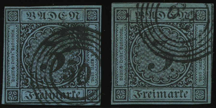 BADEN 8 O, 1858, 3 Kr. Schwarz Auf Blau, 2 Voll-überbreitrandige Kabinettwerte In Verschiedenen Farbnuancen - Altri & Non Classificati