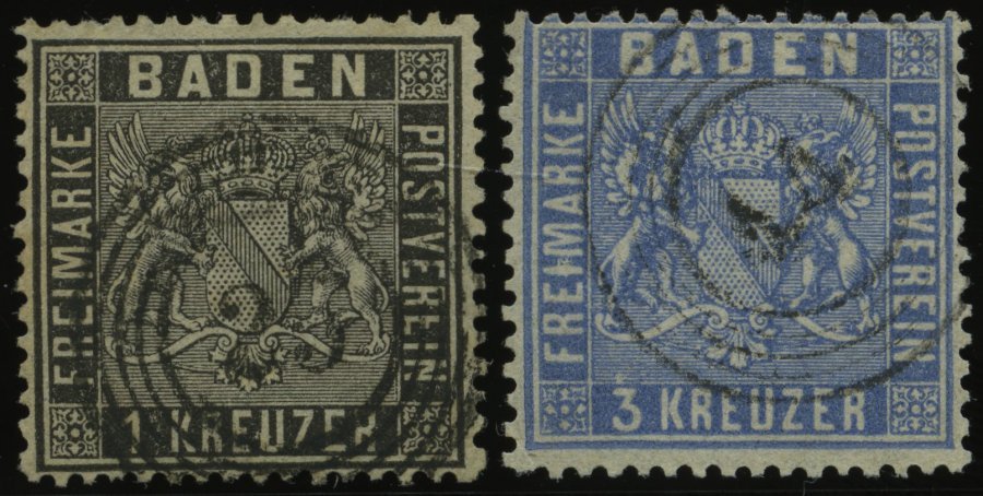 BADEN 9,10b O, 1860/1, 1 Kr. Schwarz Und 3 Kr. Mittelultramarin, 2 Gut Gezähnte Prachtwerte - Autres & Non Classés