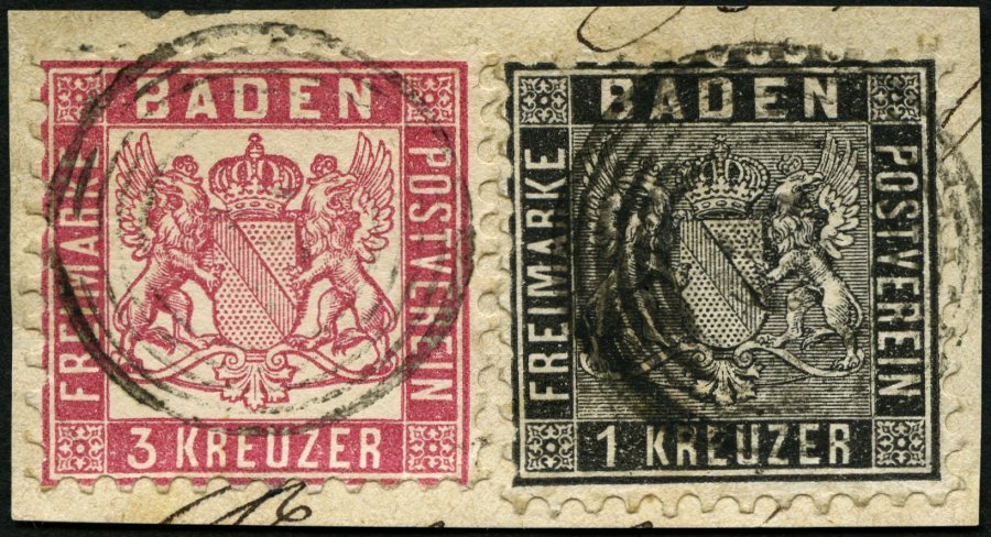 BADEN 13a,18 BrfStk, 1862, Mischfrankatur: 1 Kr. Schwarz Und 3 Kr. Hellrot, Prachtbriefstück, Gepr. Flemming - Sonstige & Ohne Zuordnung
