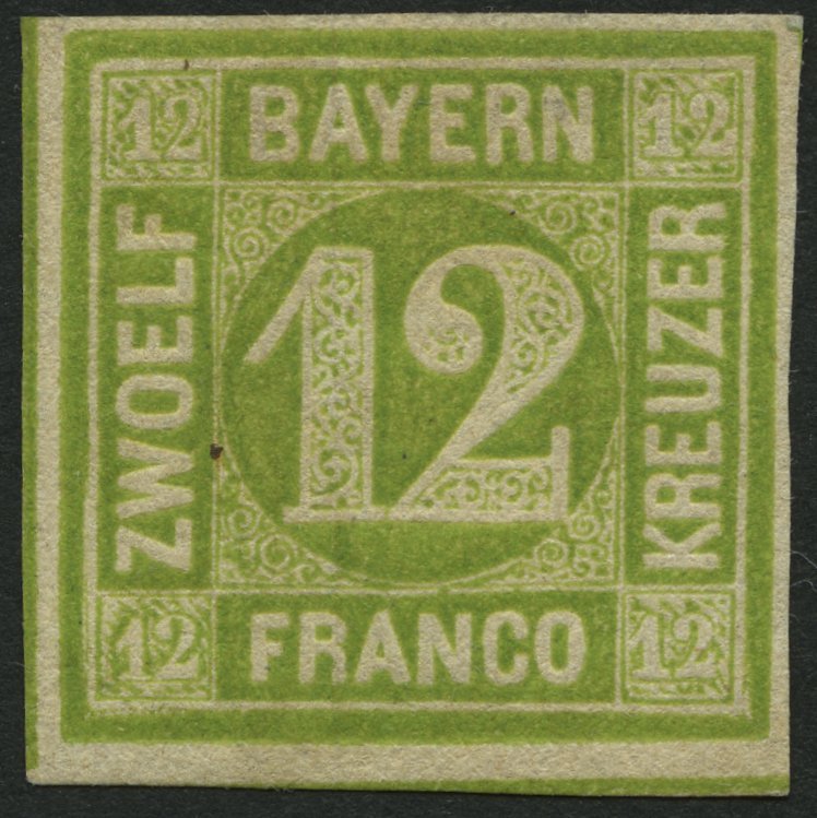 BAYERN 12 *, 1862, 12 Kr. Dunkelgelbgrün, Falzreste, Pracht, Mi. 120.- - Altri & Non Classificati