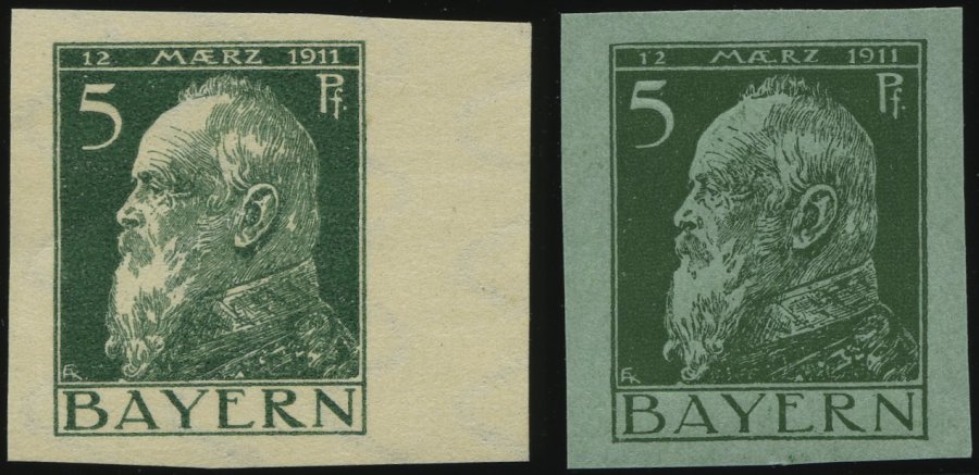 BAYERN 77PU **, 1911, 5 Pf. Luitpold, 2 Ungezähnte Probedrucke Auf Grünem Und Weißem Papier, 2 Prachtwerte, Gepr. Dr. He - Autres & Non Classés