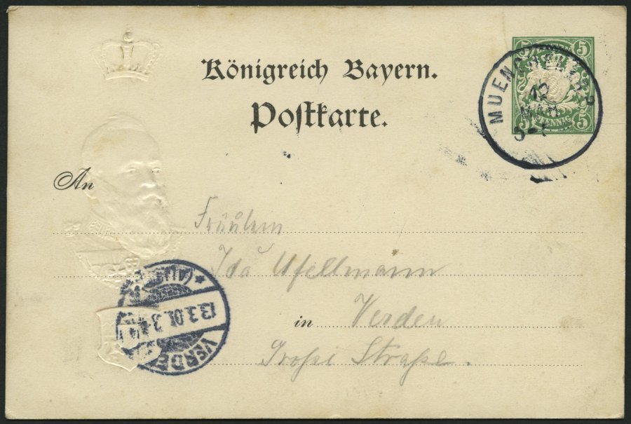 BAYERN PP D1/05 BRIEF, Privatpost: 1901, 80. Geburtstag, Prägekarte Königsbau München, Ohne Ortsangabe, Stempel MÜNCHEN - Sonstige & Ohne Zuordnung