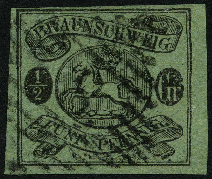 BRAUNSCHWEIG 10A O, 1863, 1/2 Gr. Schwarz Auf Lebhaftgraugrün, Nummernstempel 8, Pracht, Signiert R.F. Engel, Mi. 300.- - Brunswick