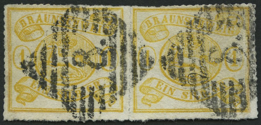 BRAUNSCHWEIG 14A Paar O, 1864, 1 Sgr. Gelbocker, Bogenförmiger Durchstich 16, Im Waagerechten Paar, Nummernstempel 8, 2 - Brunswick