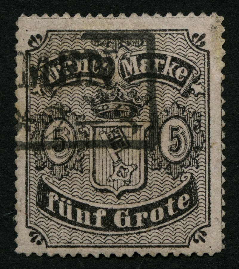 BREMEN 7B O, 1862, 5 Gr. Schwarz Auf Hellkarmingrau, Durchstich D 1II, Kleine Korrigierte Stelle Am Rand Sonst Pracht, M - Bremen